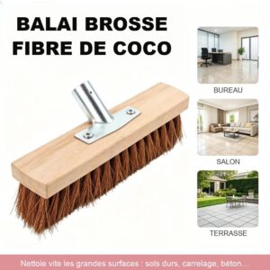 Balai brosse en fibre de coco, tête en bois 30 cm