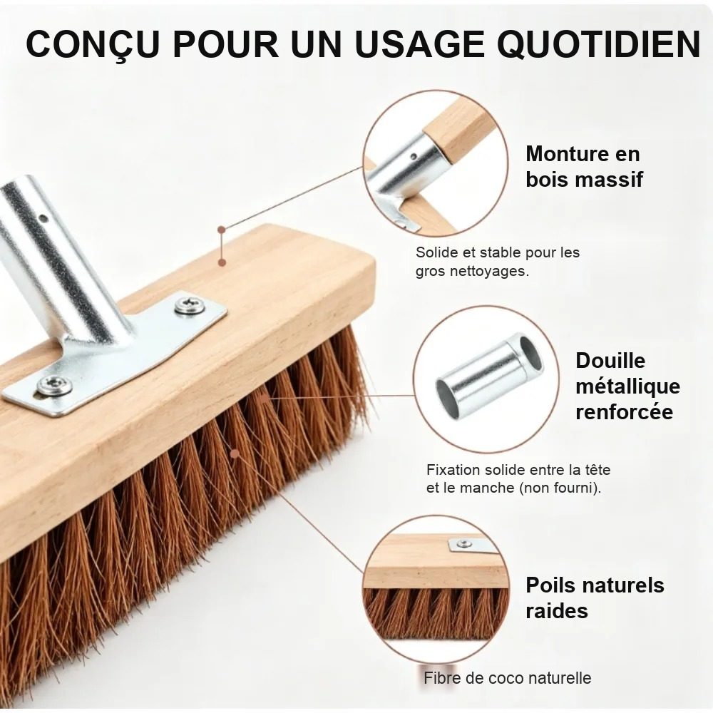 Monture en bois, douille métallique et poils en fibre de coco